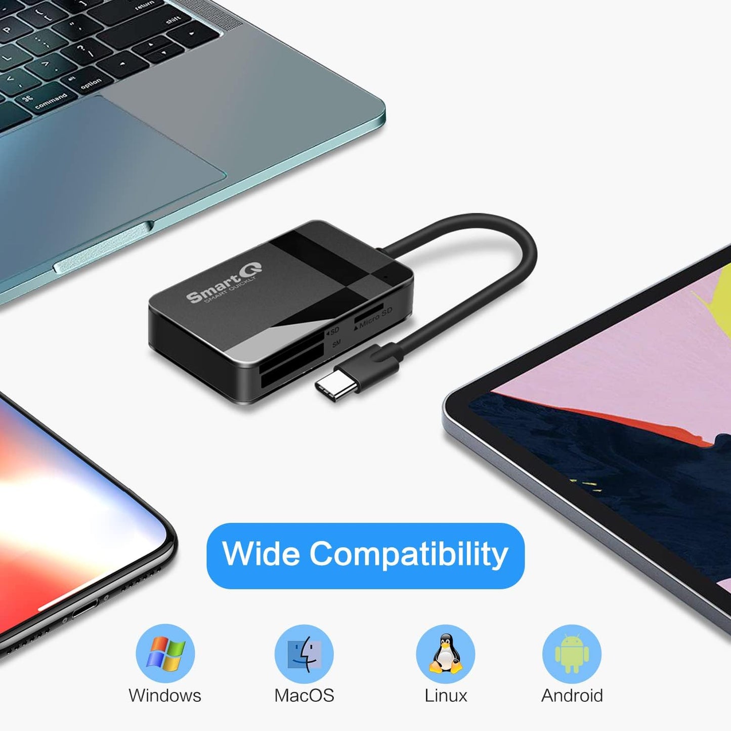 SmartQ 4-in-1 3.0 S10/S9/S8, 2 SD Card Reader, USB C SD/Micro SD/MS/CF Memory Card Reader, Adapter for Camera