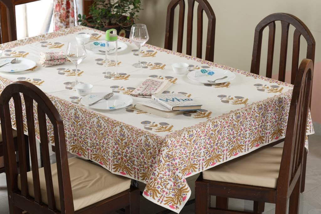 ABHOOH Hand Block Print Tablecloth for Rectangle Table, Block Print Table Cover for Kitchen Dinning Tabletop Decoration Parties Weddings Bithday Christmas (60 X 90 Inches)