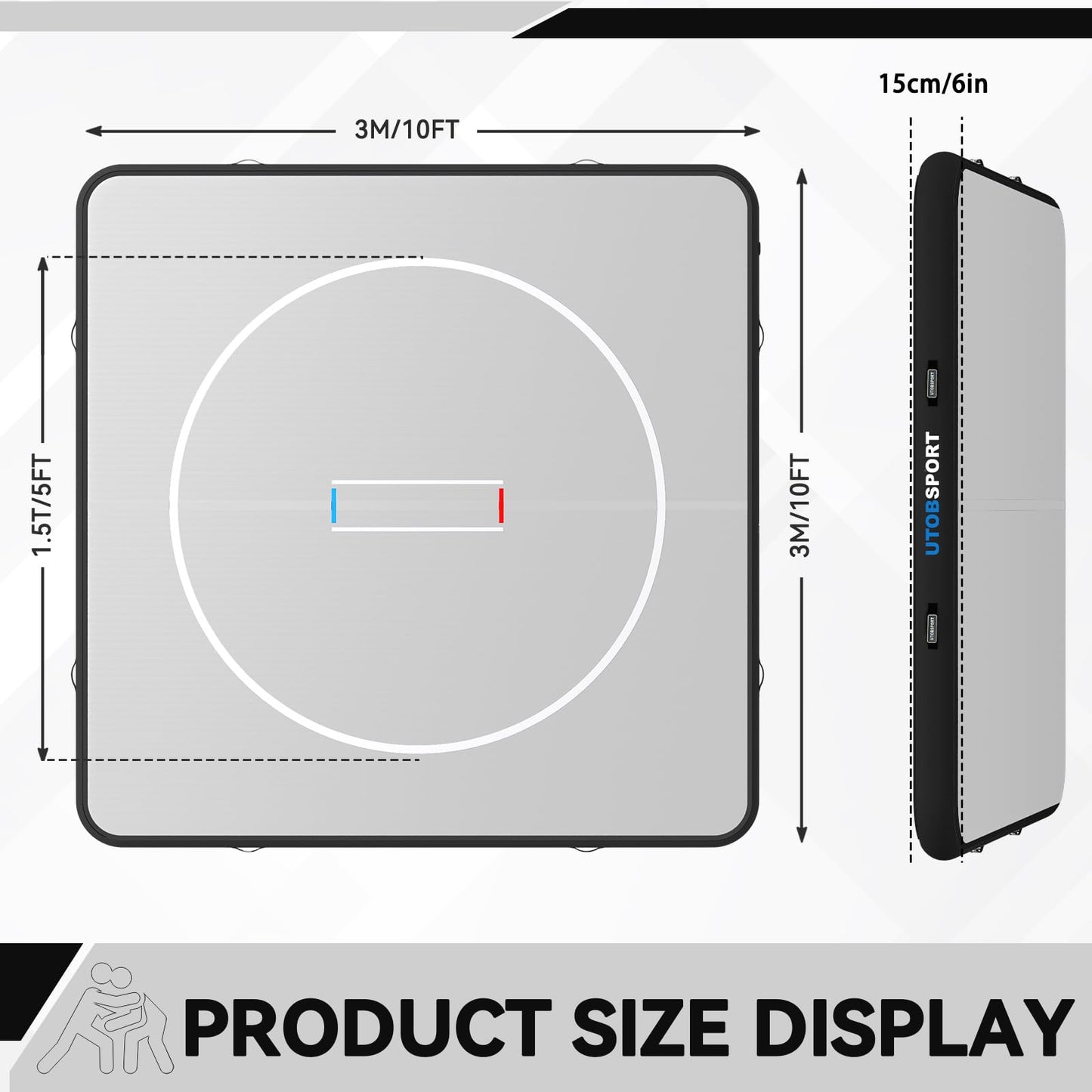 Inflatable Wrestling Mat 10x10FTx6"Thick, Jiu Jitsu Mats, PVC Landing Training Mat Foldable for Home Gym BJJ, MMA, Martial Art, Boxing, Grappling and Judo (Grey Black)