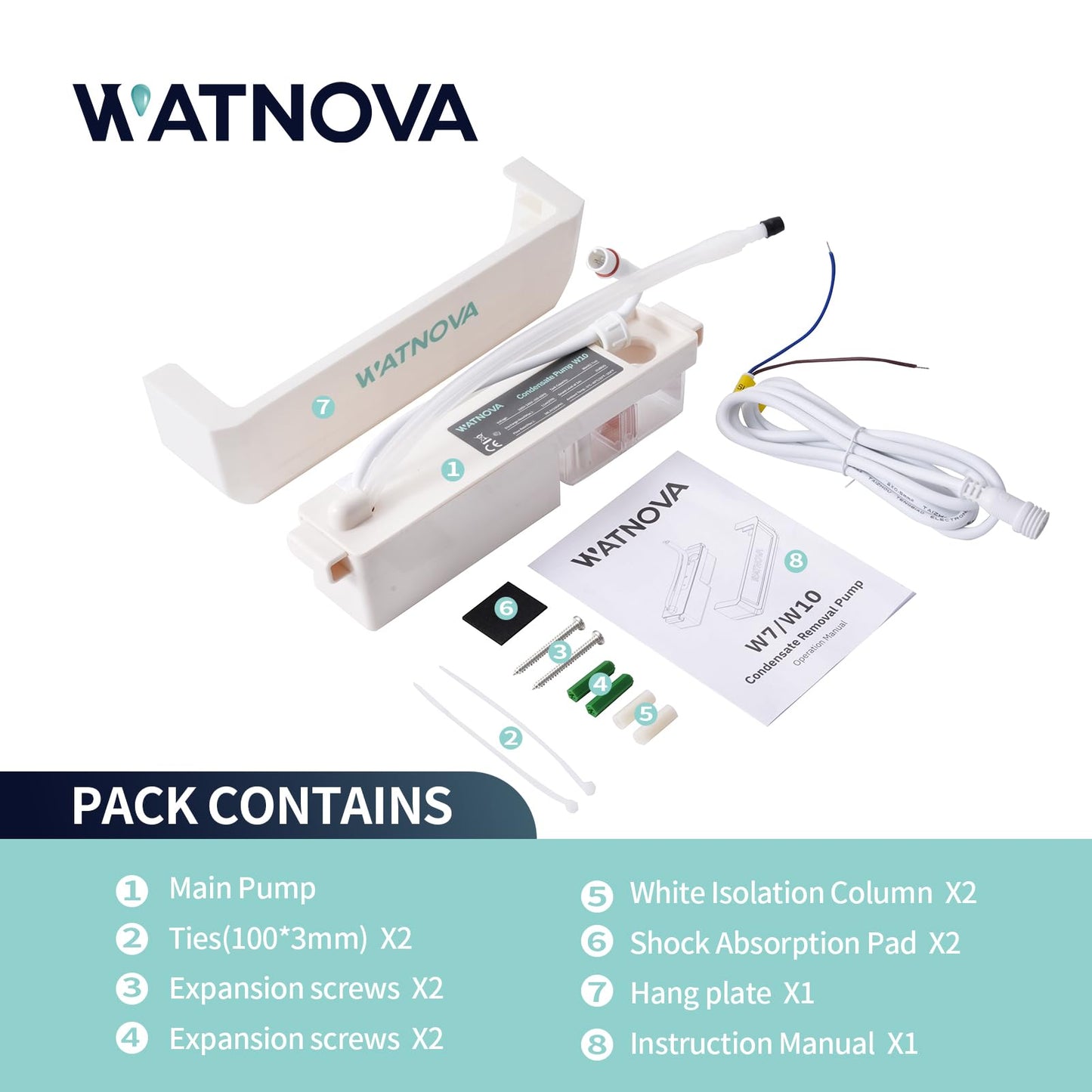 WATNOVA Undermount Mini Split Condensate Pump, Quiet 19 dB HVAC Drain Pump with Probe Sensor, 100-240V, 10 GPH, 37 ft Max Lift, Safety Switch for Wall-Mounted AC, Dehumidifier, Furnace