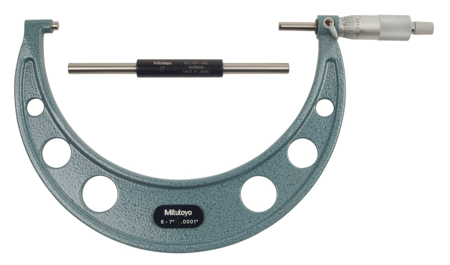 Mitutoyo 103-221 Outside Micrometer, 6-7" Range, 0.0001" Graduation, ±0.0002" Accuracy, Ratchet Stop, Vernier Scale, Satin-Chrome Sleeve, Baked-Enamel Frame, Carbide-Tipped Measuring Faces
