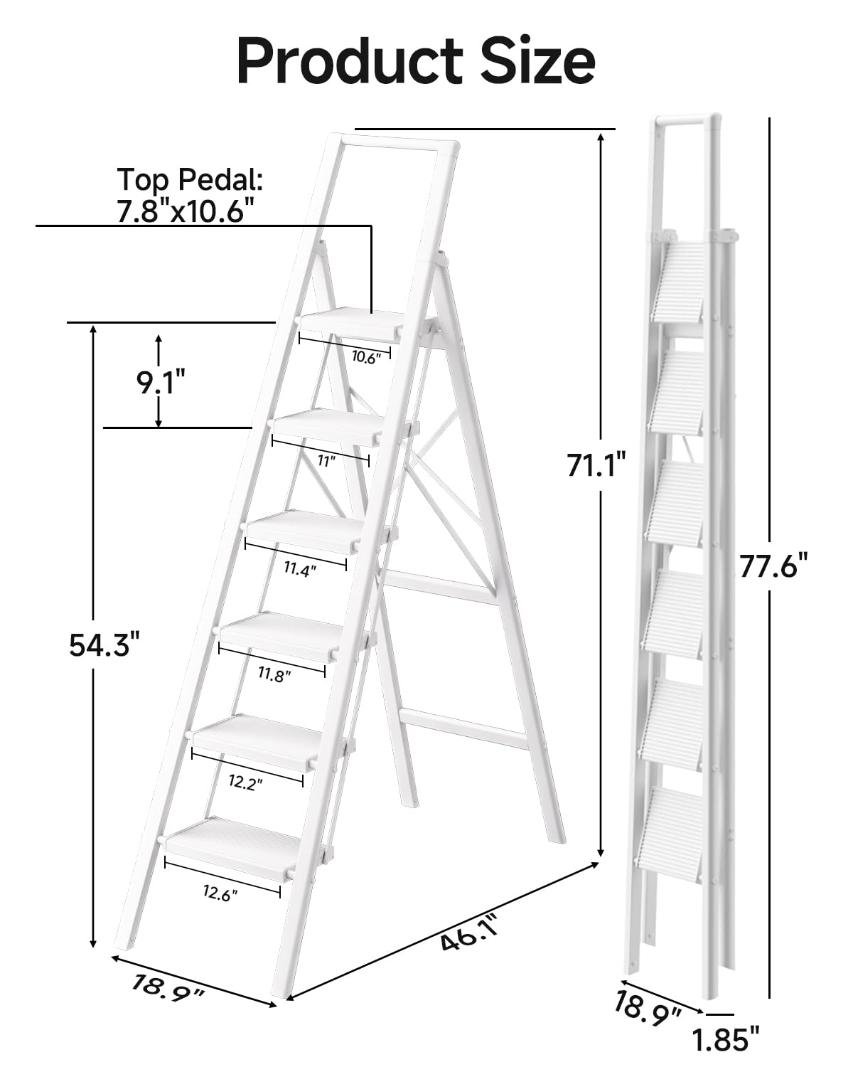 SOLADDER 6 Step Ladder with Handrails, Anti-Slip and Foldable Step Stool with Widen Pedals, Portable Stepladders for Home, Kitchen and Indoor, Space Saving -300lbs (White)