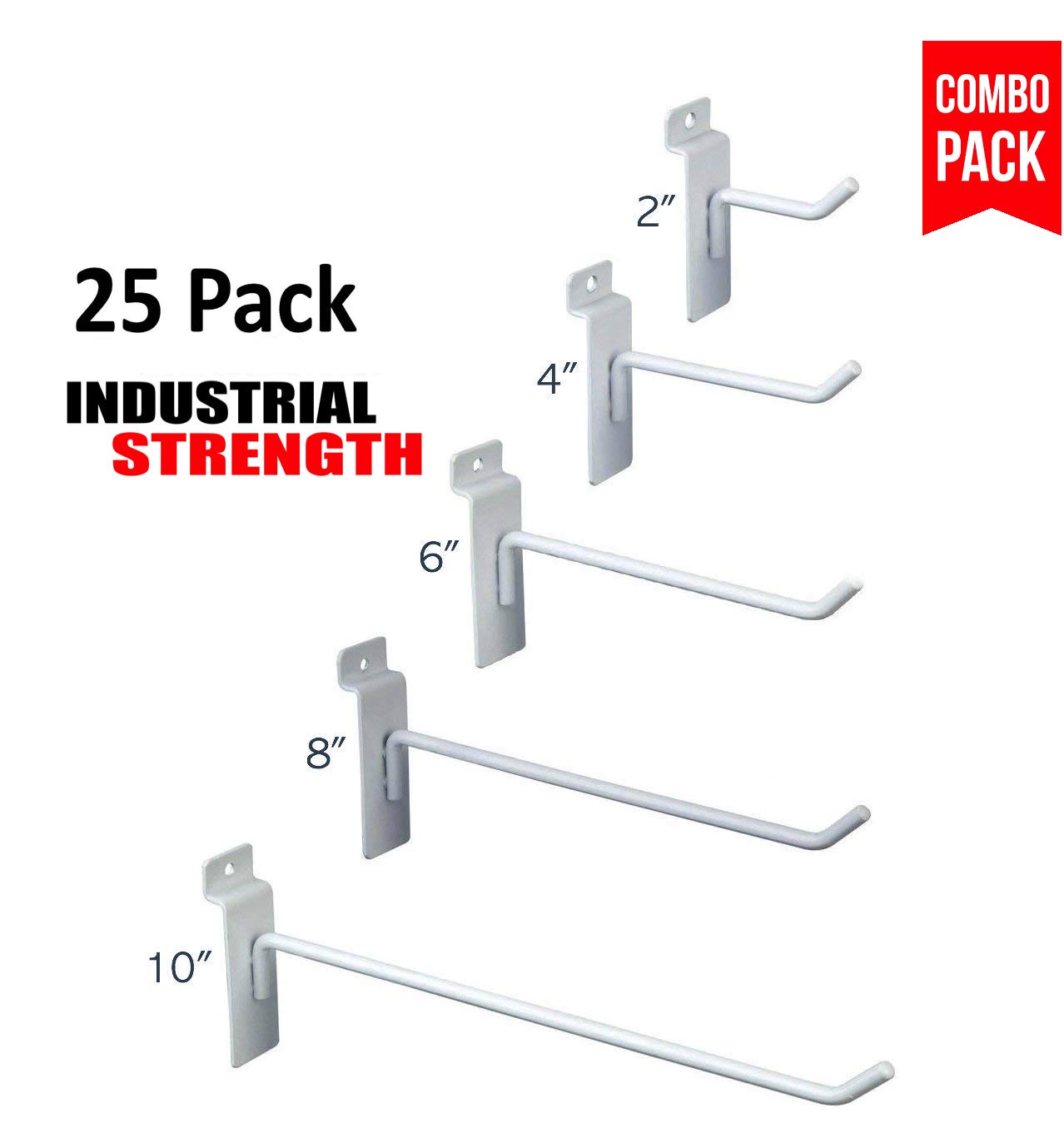 Only Hangers Commercial Grade White Slatwall Hooks - Combo Pack of 25 Assorted Size Peg Hooks for Slatwall - (5) of Each 2",4",6", 8" and 10" Hooks