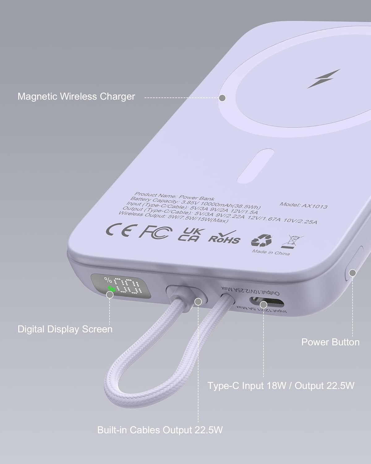 AsperX 10000mAh Pack 17/16/15/14/13/12 Magnetic Power Bank, Magnetic Portable Charger with USB-C Cable and Smart LCD