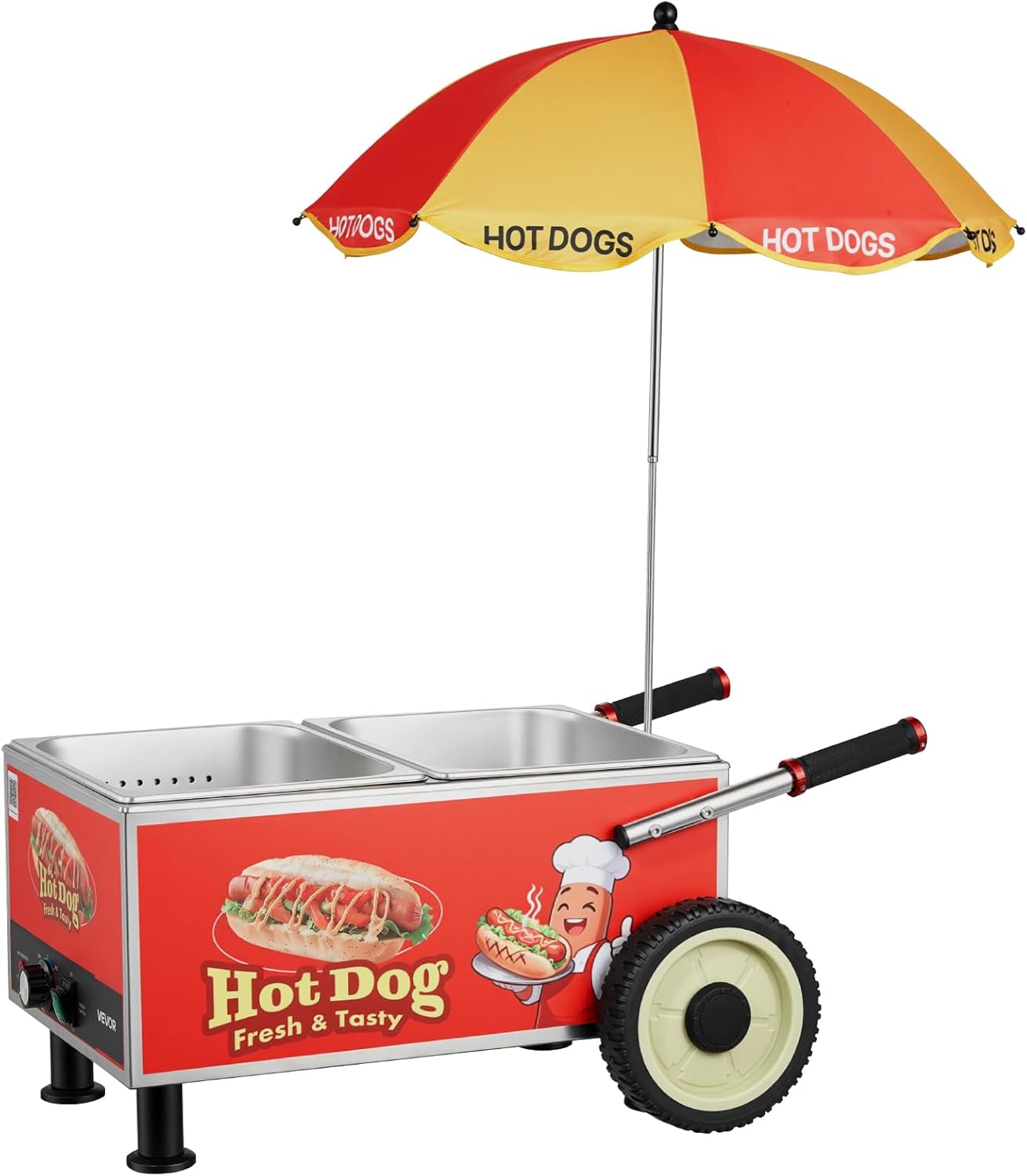 VEVOR Hot Dog Steamer Cart - 1200W Electric Stainless Steel Machine with Adjustable Temp & Umbrella