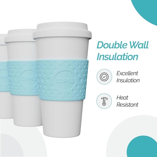 Copco 16 oz Acadia Travel Mug, Set of 3 – Double-Wall Insulated Coffee Cups with Non-Slip Sleeve for Hot & Cold Drinks, BPA-Free Plastic, Cup Holder Friendly & Portable Drinkware (Azure Blue)