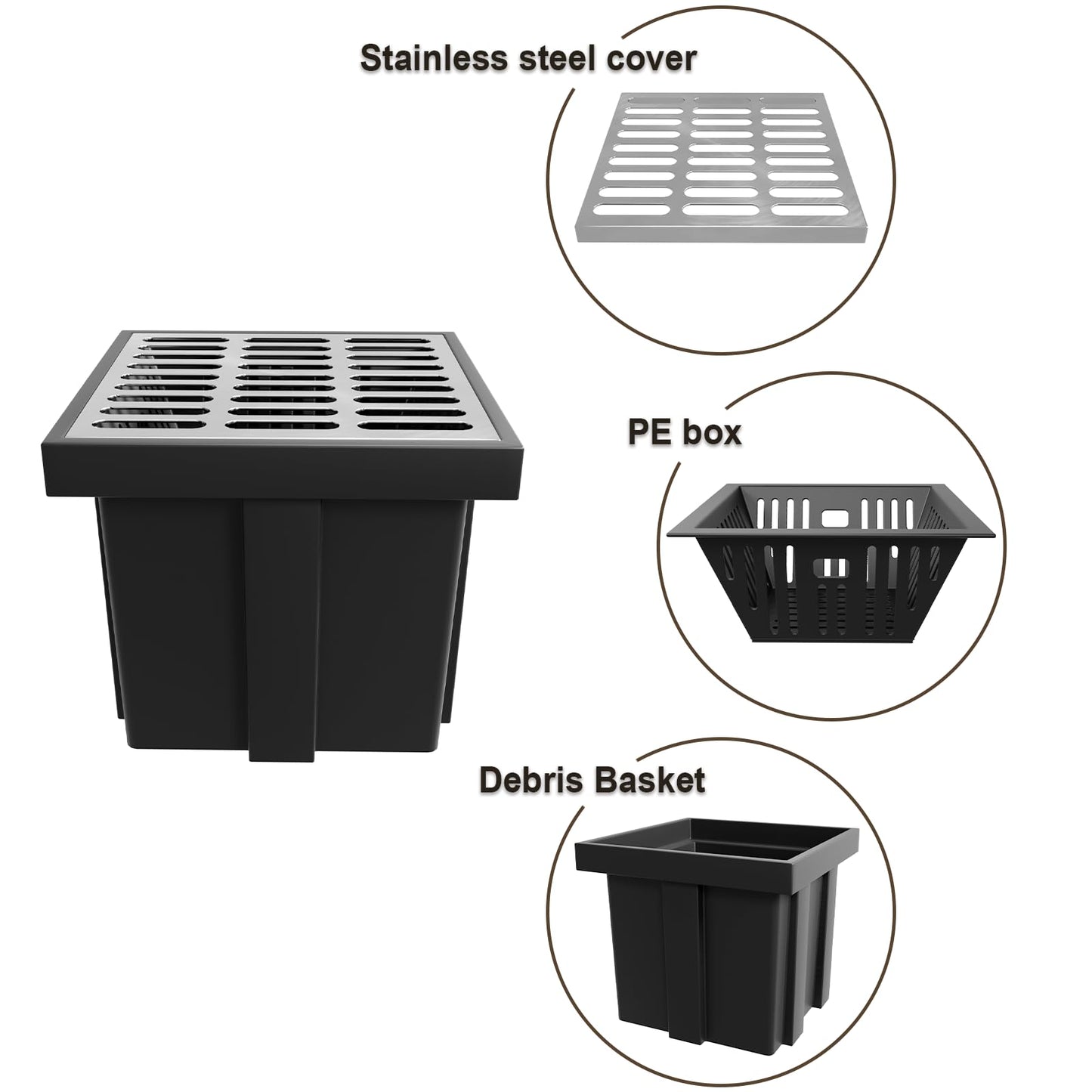 2 Pack Catch Basin with 304 Stainless Steel Grate, 18x18x15 in Large Drainage Catch with Debris Basket, French Drain Basin Without Reserved Hole for Yard, Downspout, Patio, Municipal Pipeline (2)