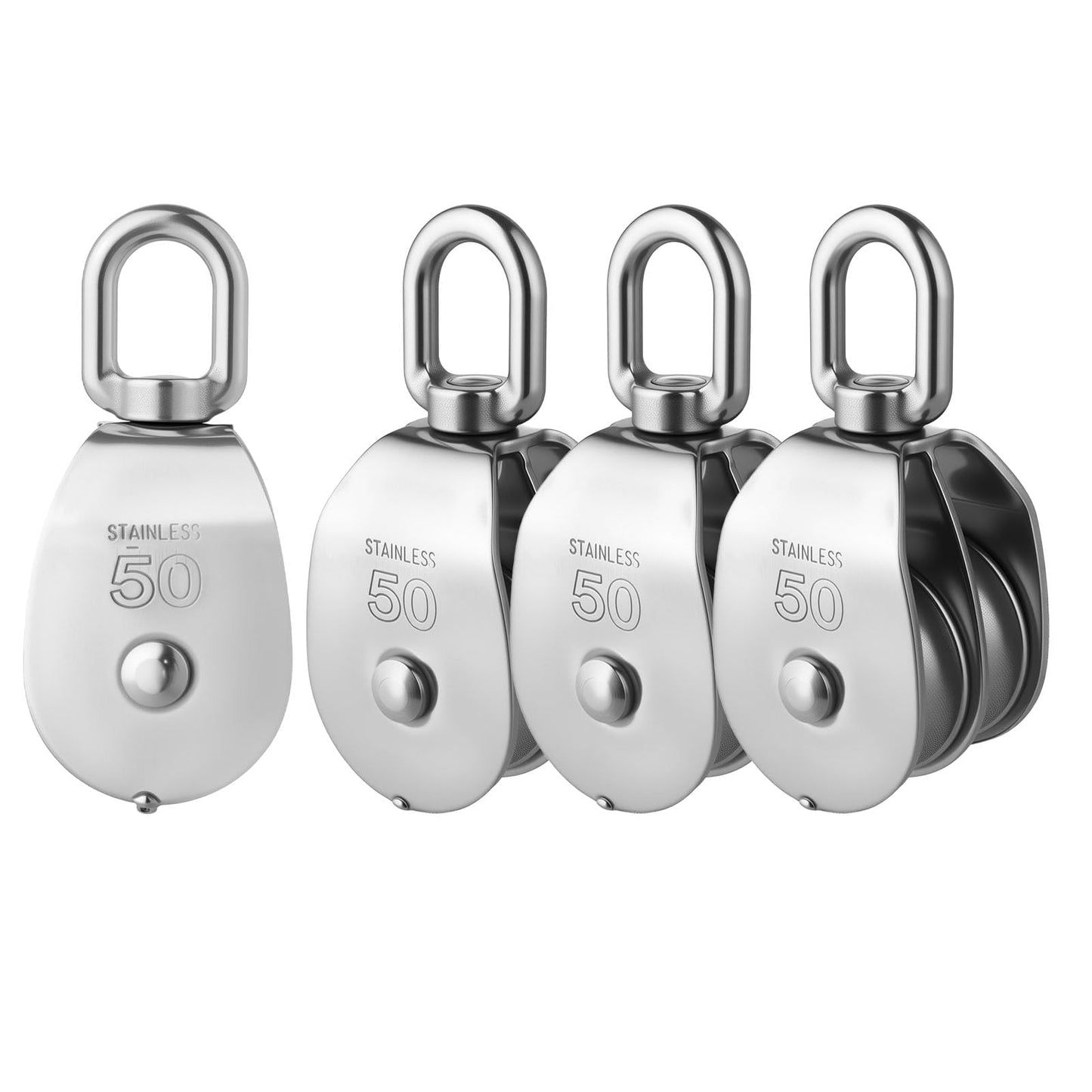 Rocaris 4 Pcs M50 Lifting Double Pulley Block 304 Stainless Steel Crane Swivel Hook Double Pulley Roller Loading