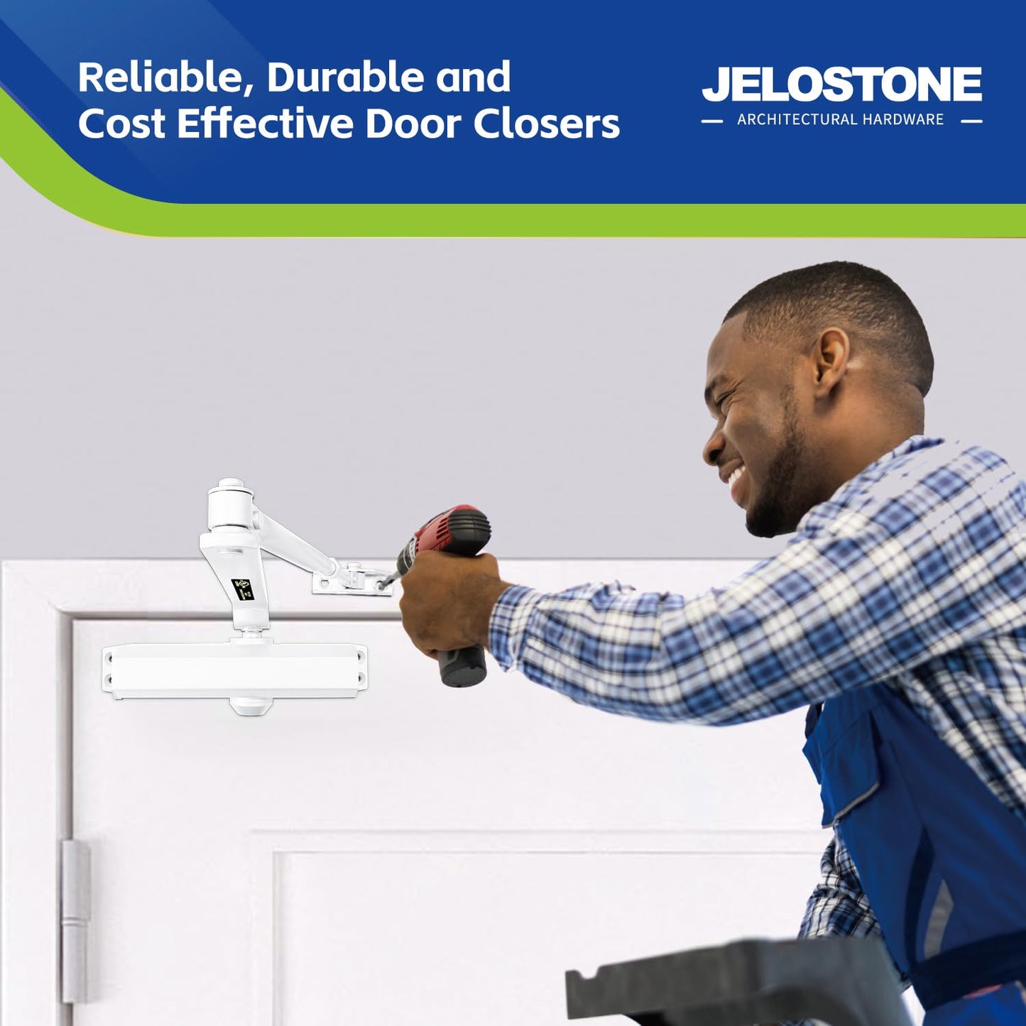 JELOSTONE Medium Duty Commercial Door Closer D700, UL 3 Hour Fire Rated, Fixed Size #3 Spring Power and 3 Valves Closing/Latching/Backcheck, Door (55-150LB/33-36 in), Indoor/Outdoor (White Coated)