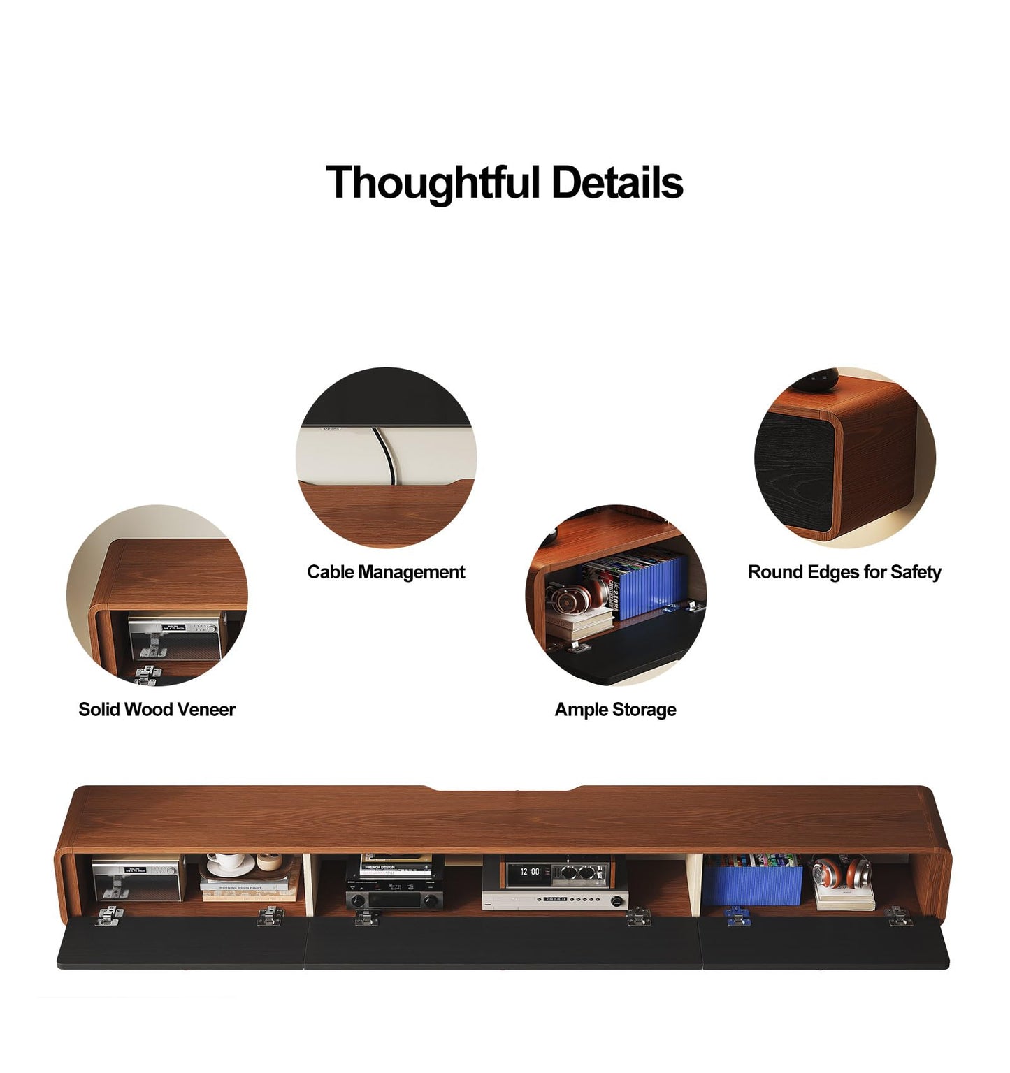 FurniNova Floating TV Console with 3 Doors,Natural Wood Veneer Wall Mounted TV Shelf,Floating Entertainment Center Media Console with Storage for Living Room Bedroom,55inch Walnut