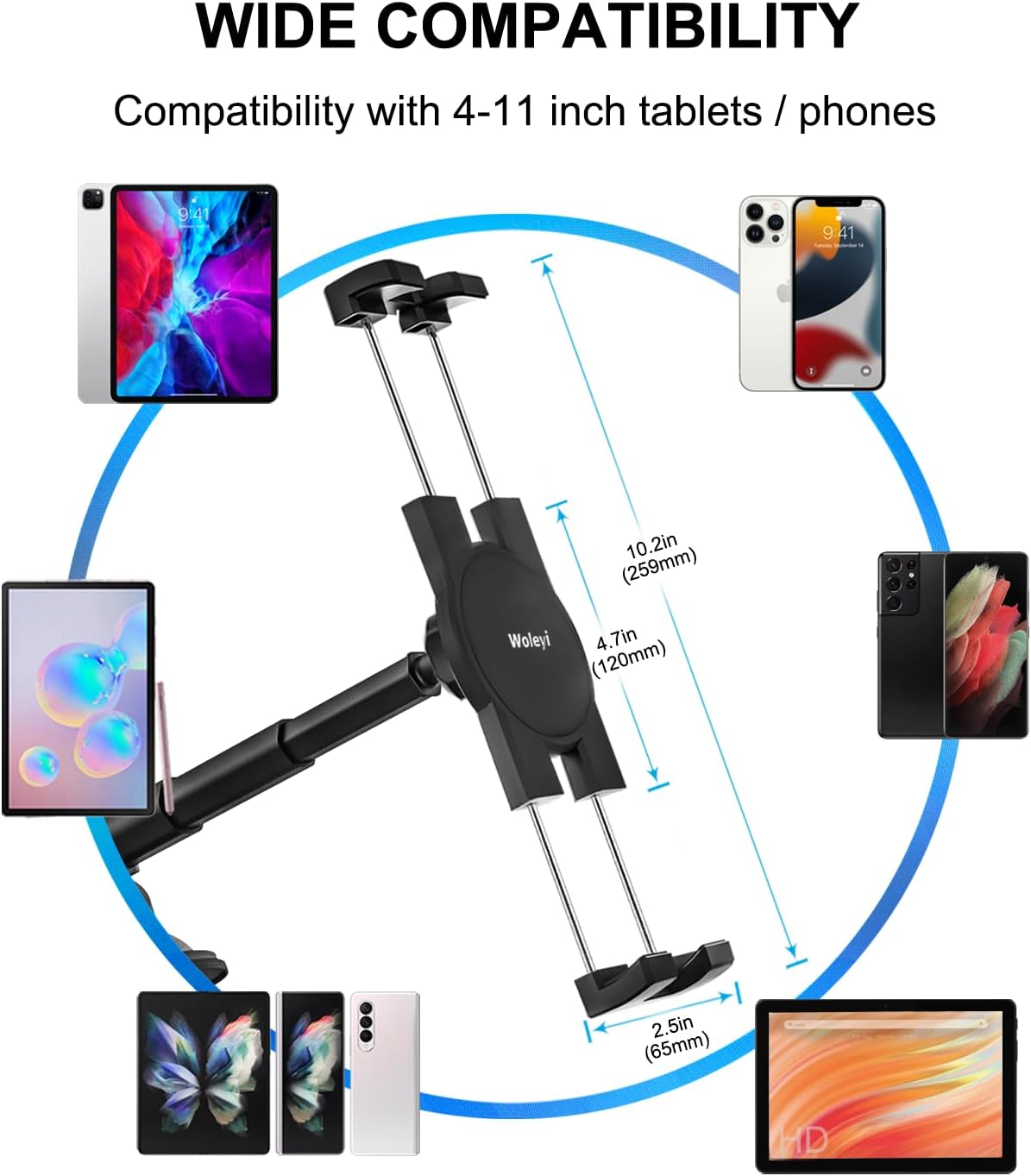 woleyi 4.7-11" Dashboard Car Tablet Mount, Telescopic Tube Suction Cup Car Tablet Holder, Compatible with iPad