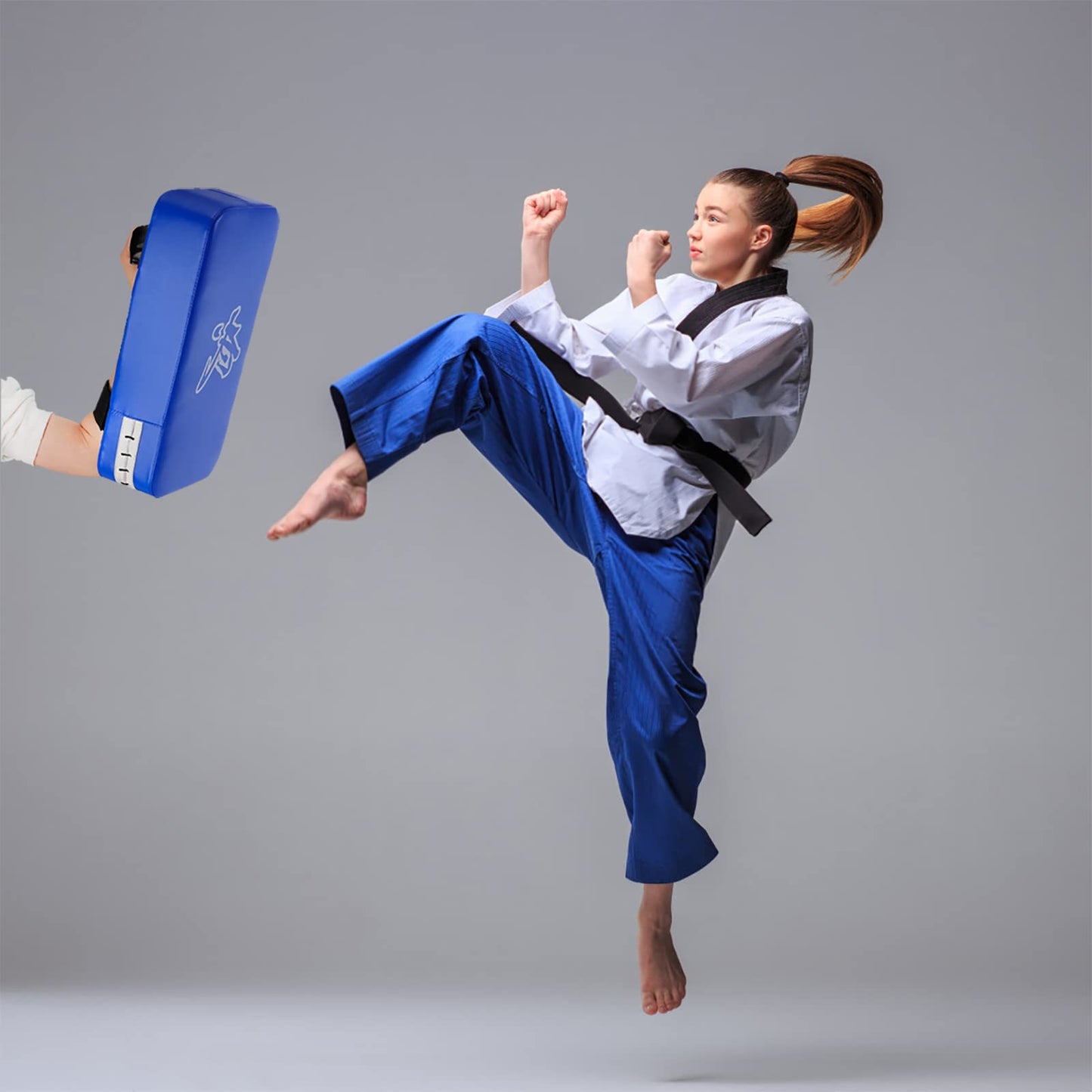 WUWEOT Boxing Focus Pads and Taekwondo Pad, 15.5 x 8 Blue, 2-in-1 Punching Mitts Kick Pack Set, Martial Arts MMA Kicking Shield Training for Men Women Gym