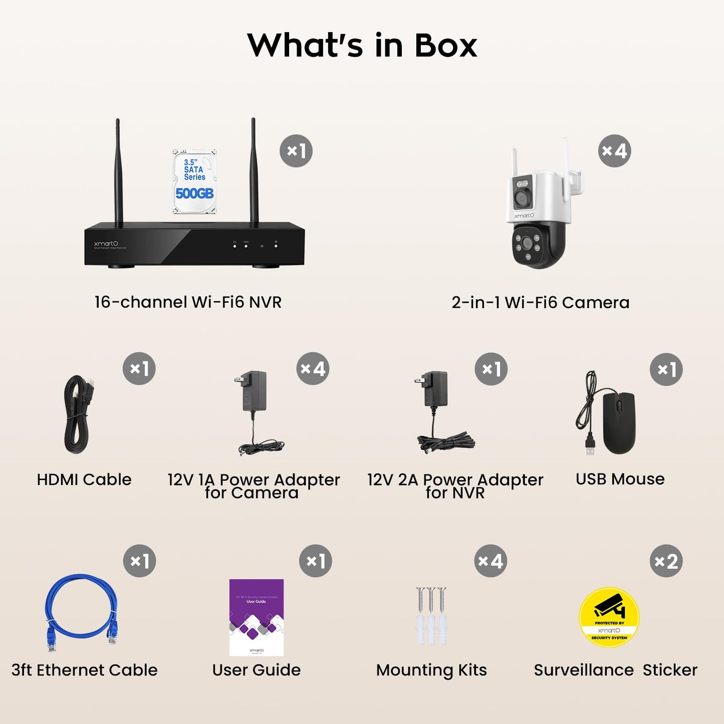 xmartO 4 Dual-Lens Wireless Camera Kit, 8-View WiFi6 Mesh Long Range Security System, 16CH 4K Dual Band NVR, 4MP 180ยฐ Static FOV & 360ยฐPTZ AI Tracking, 24/7 Plug-in, 500GB HDD, No Monthly Fee