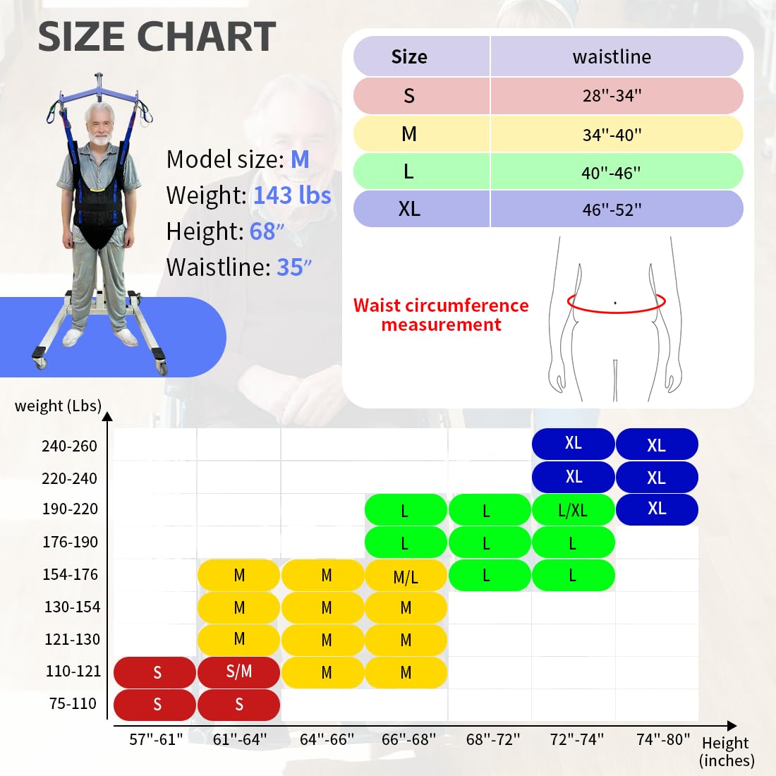 EHUCONELDEX Patient Walking Sling for Ambulation Training,Comfort Padded Lift Walking Sling Standing Aids Suitable for Portable Support -SWL 550 Lbs (Black, Medium)