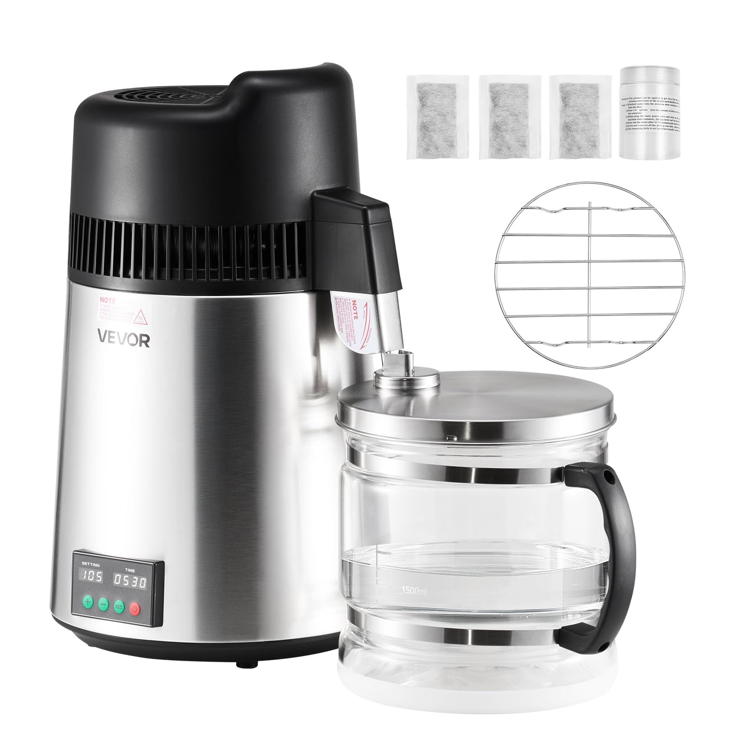 VEVOR Water Distiller, 6L/1.6 Gallon Larger Water Distilled Machine, 900W Distilling Water Maker with Glass Carafe, 0-99H Timing Set, Time & Temp Display, 304 Stainless Steel Water Stiller, Silver