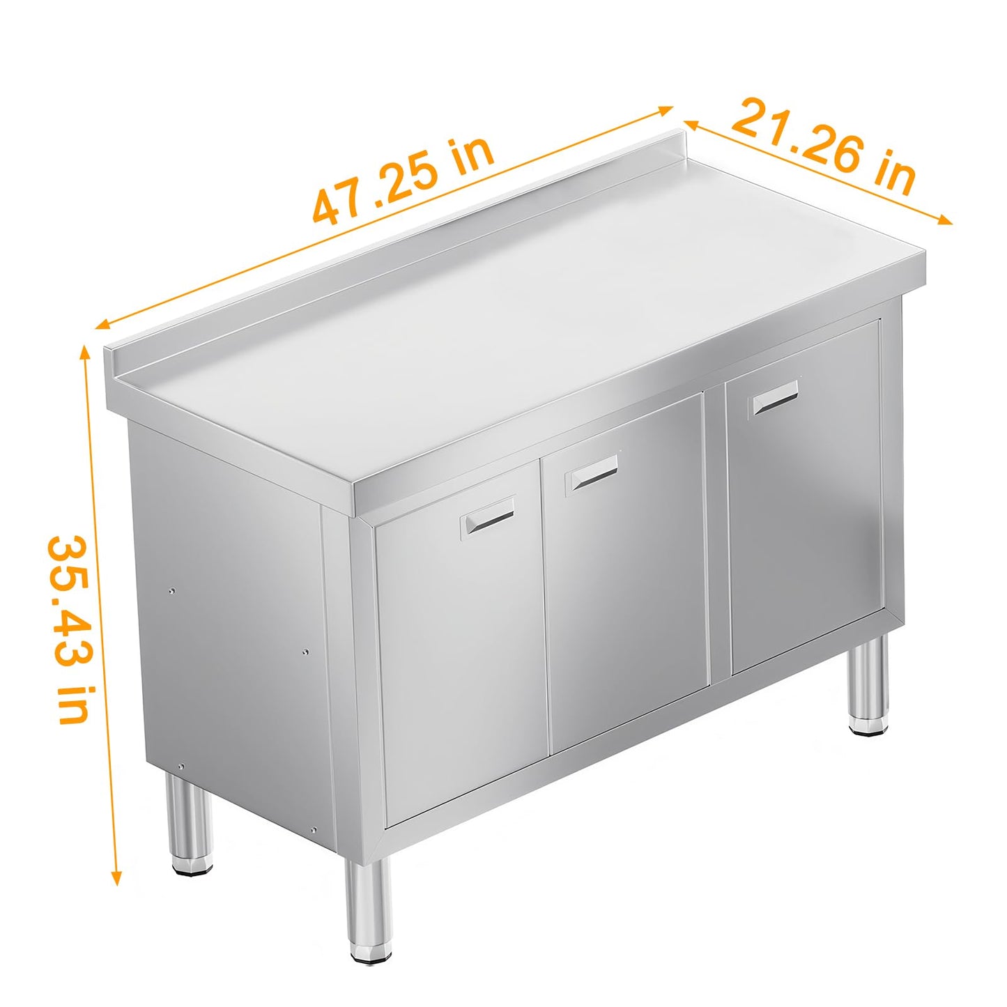 WWK 47" x 21" Stainless Steel Prep Table with Cabinet, Commercial Kitchen Table for Prep & Work, Heavy Duty Work Table with 3 Doors for Kitchen, Restaurant, Hotel, Garage and Cafe