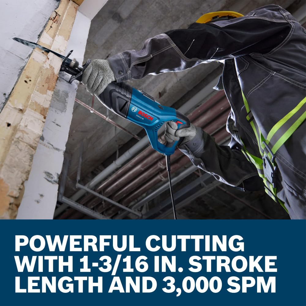BOSCH GSA12-30 Corded Reciprocating Saw - 12 Amp Power, 1-3/16 In Stroke Length, Variable Speed Control, Tool-Free Blade Change, Lightweight Design for Easy Maneuverability (Bare Tool)