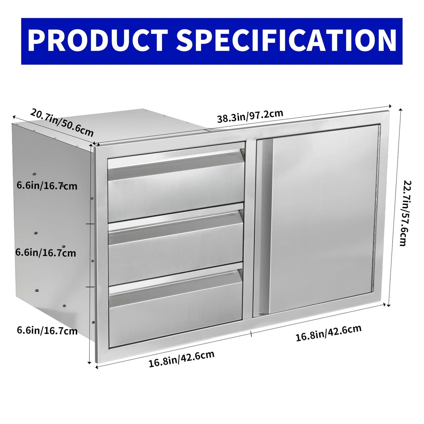 Outdoor Kitchen Door Drawer Combo Cabinet, Triple Drawers & BBQ Access Combo, Stainless Steel with Handles Cabinet for Outdoor Kitchen Island 38.1W x 22.6H x 20.8D (Right Door and Drawer Combo)
