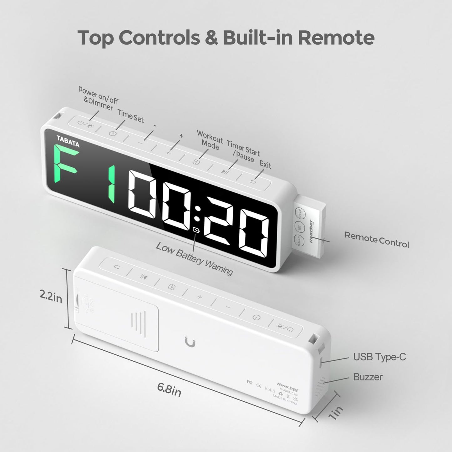 REACHER Portable Gym Timer Clock for Home Garage, Countdown/UP, Stopwatch, Workout Interval Timer with Powerful Battery, Strong Magnet, Adjustable Volume, Digital Fitness Crossfit Boxing HIIT