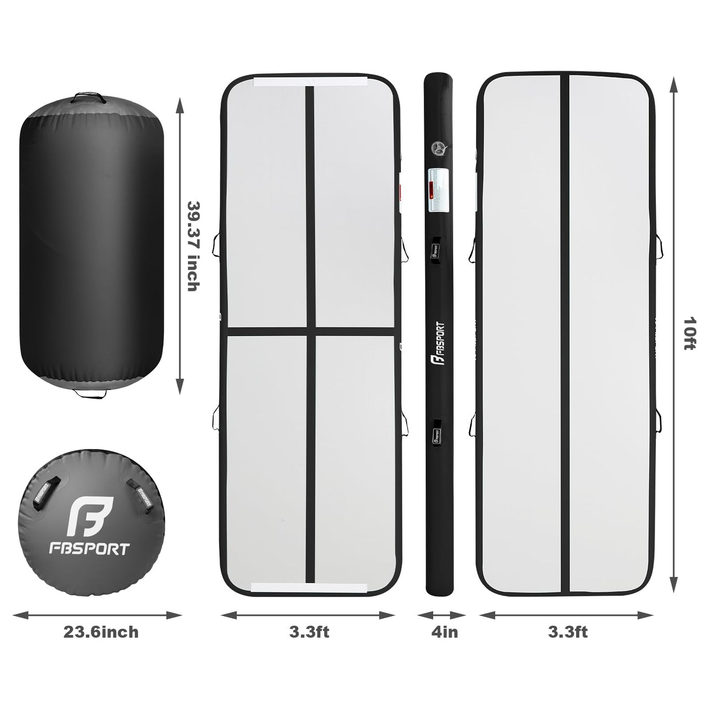 FBSPORT Inflatable Air Gymnastics Mat 4 inches Thickness and Air Roller 40x23.6 inches with Electric Air Pump 10ft Training Mats for Home Use Cheerleading Outdoor Training Park Yoga Beach Water (Black)