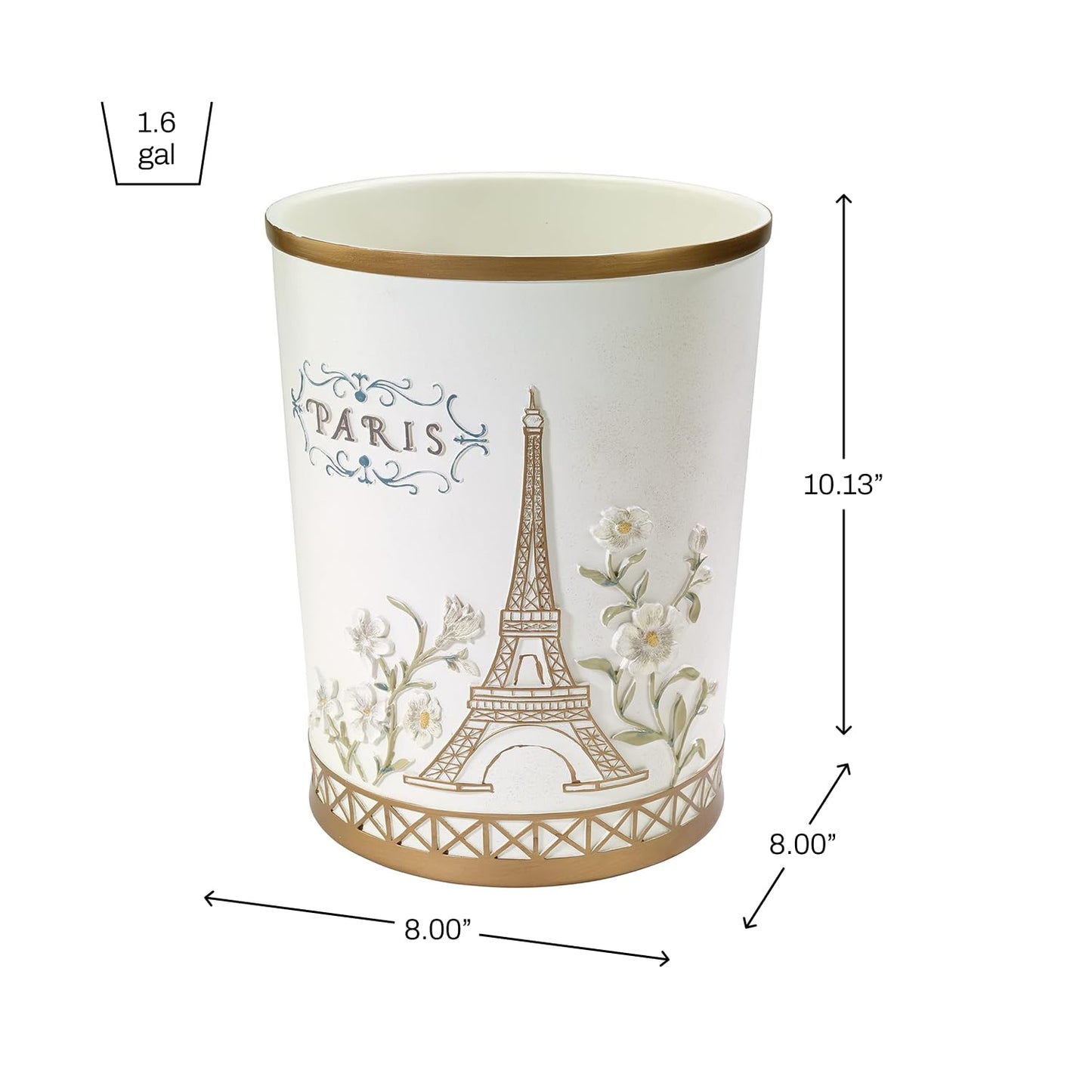 Avanti Linens - Wastebasket, Hand Painted Resin, Chic Bathroom Decor (Paris Botanique Collection)