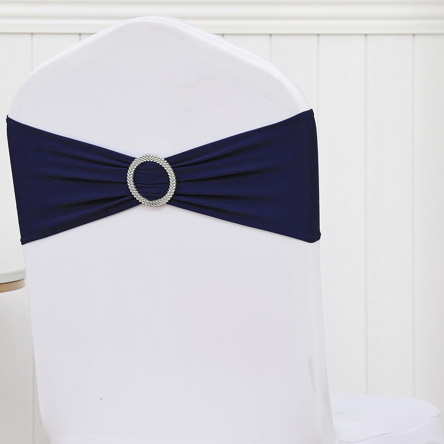 Skiennix 50 Pack Navy Blue Spandex Chair Sashes - Stretch Bands with Buckles for Weddings & Events