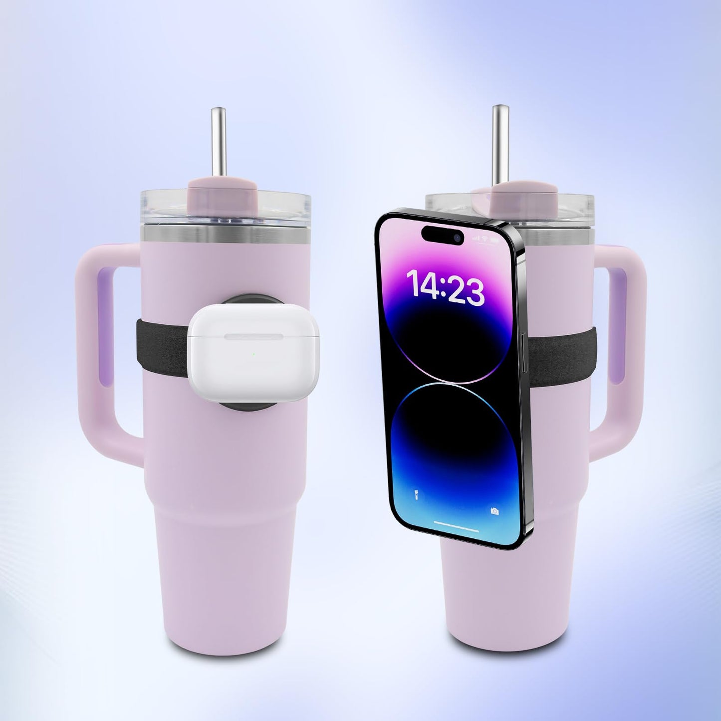 Water Bottle Phone Holder for MagSafe, Magnetic Holder Upgrade Silicone Anti-slip Adjustable Strap for Stanley Cup Gym Accessories, for iPhone & AirPods Owala Simple Modern Water Bottle w/2×Metal Ring