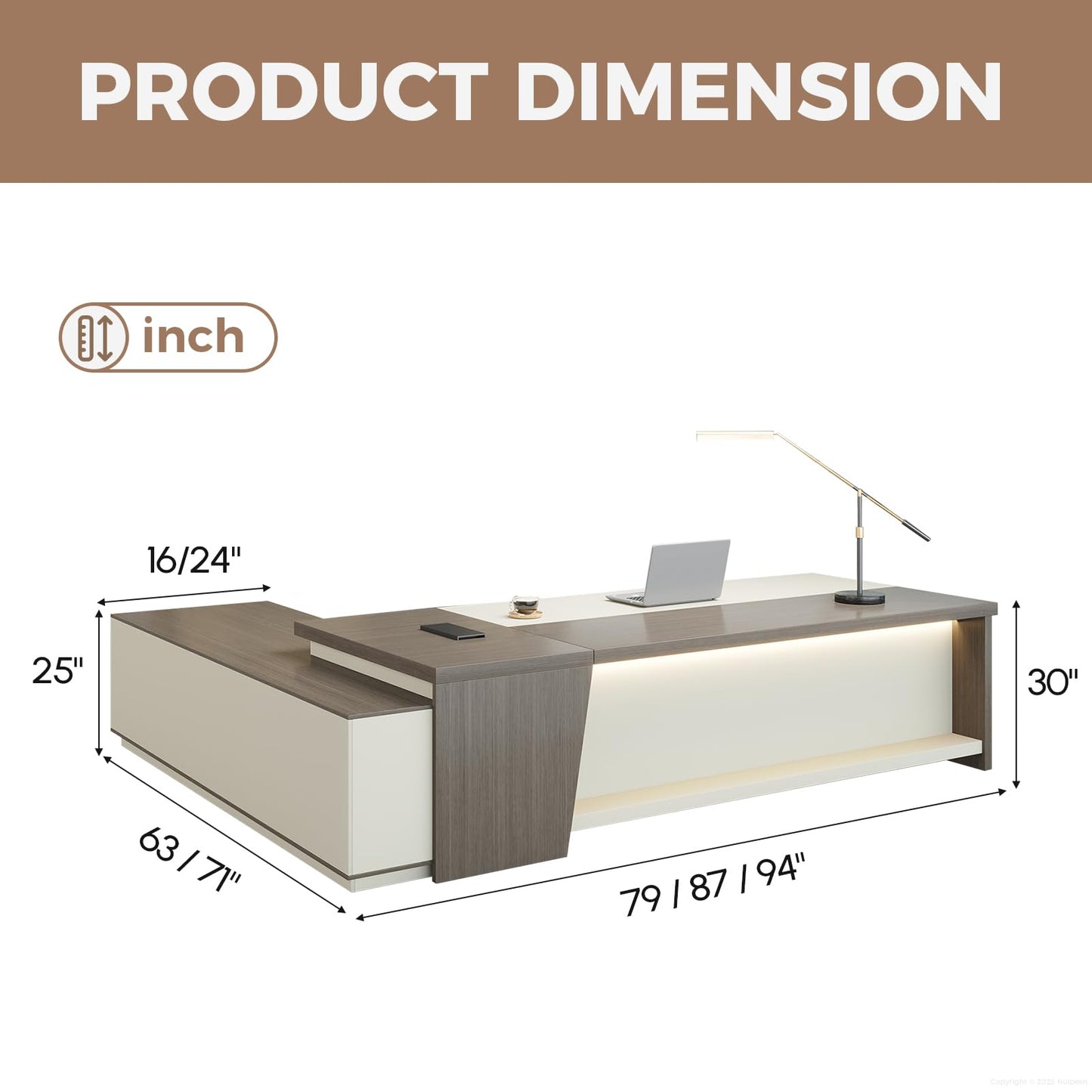 79-Inch L Shaped Executive Desk with Drawers, Large Modern Office Desk with Storage Shelves, LED Lighting, Built-in Power Outlet & USB Ports, Home Office Desk, Smoked Oak & Cream White, Right Return