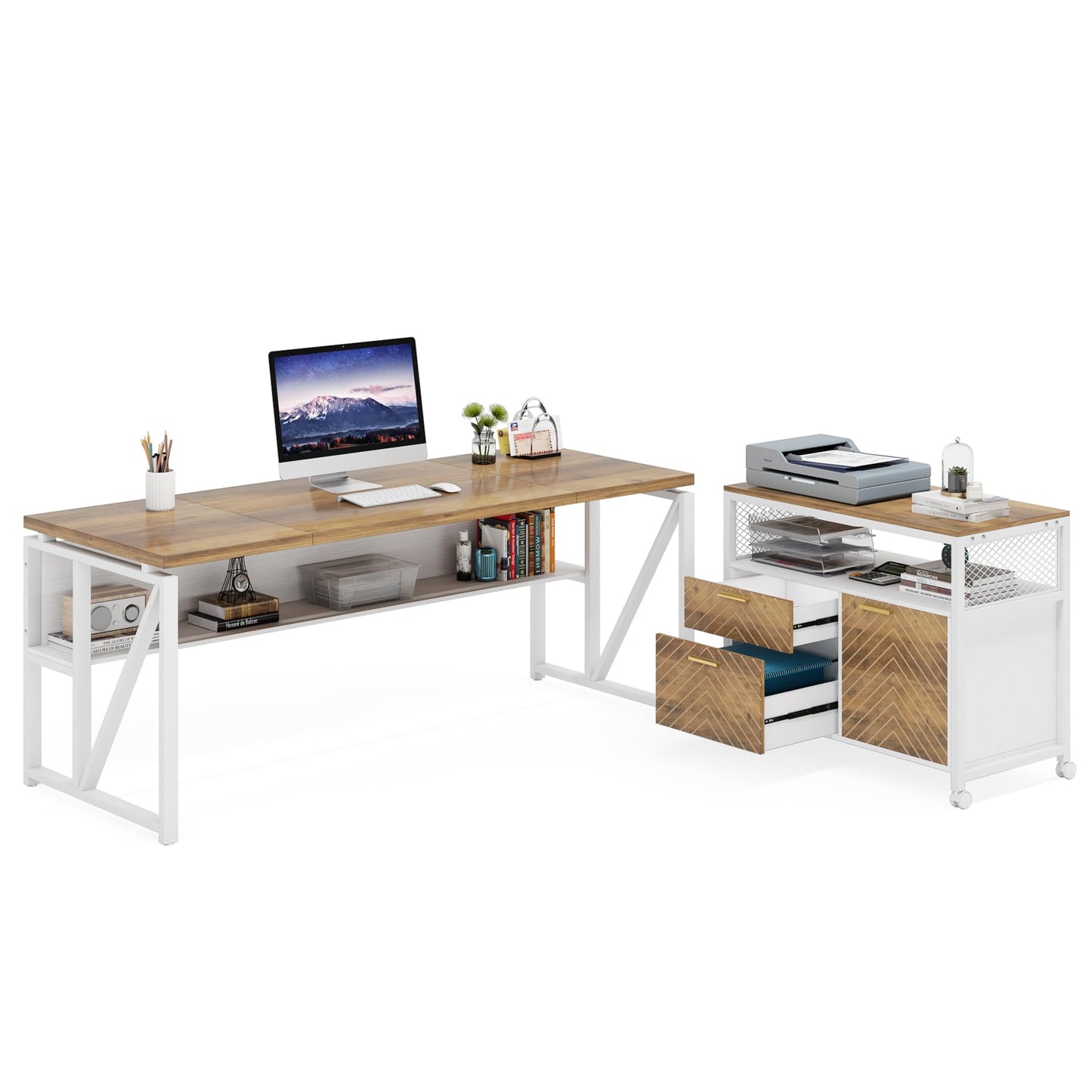 LITTLE TREE 63" L Shaped Executive Computer Desk and Drawer lateral File Cabinet, Walnut
