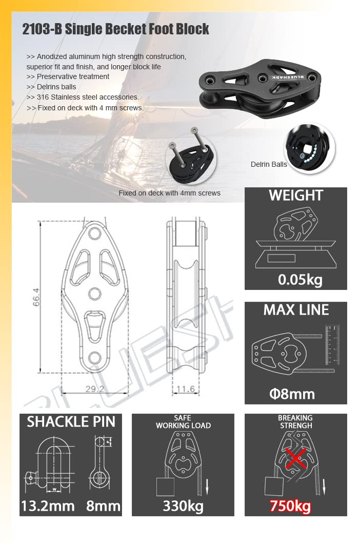 BLUESHARK 28mm Single Becket Foot Aluminum Sailing Block Choose Quantity (1-Pack) 2103-B
