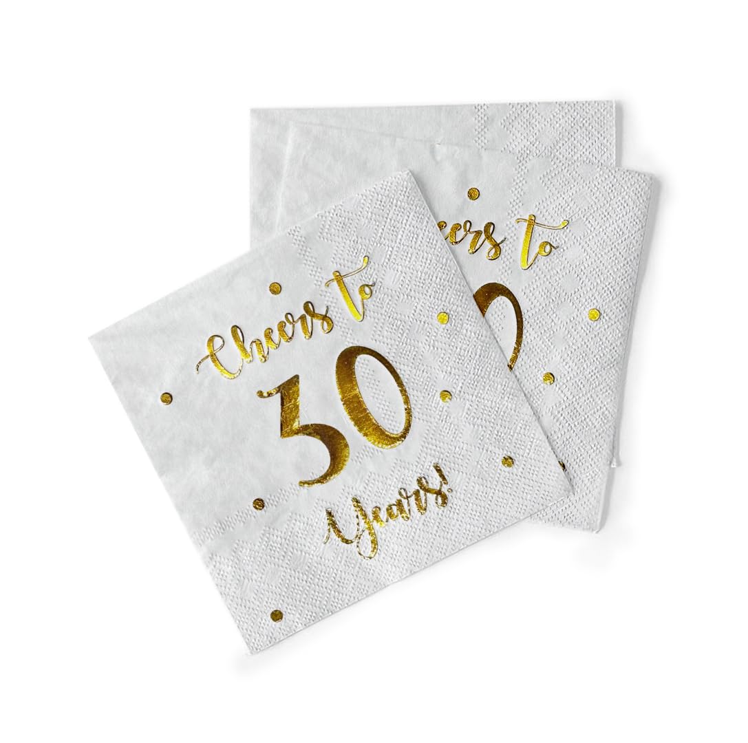 Cheers to 30 Years Cocktail Napkins | Happy 30th Birthday Decorations for Men and Women and Wedding Anniversary Party Decorations | 50-Pack 3-Ply Napkins | 5 x 5 inch folded (White)