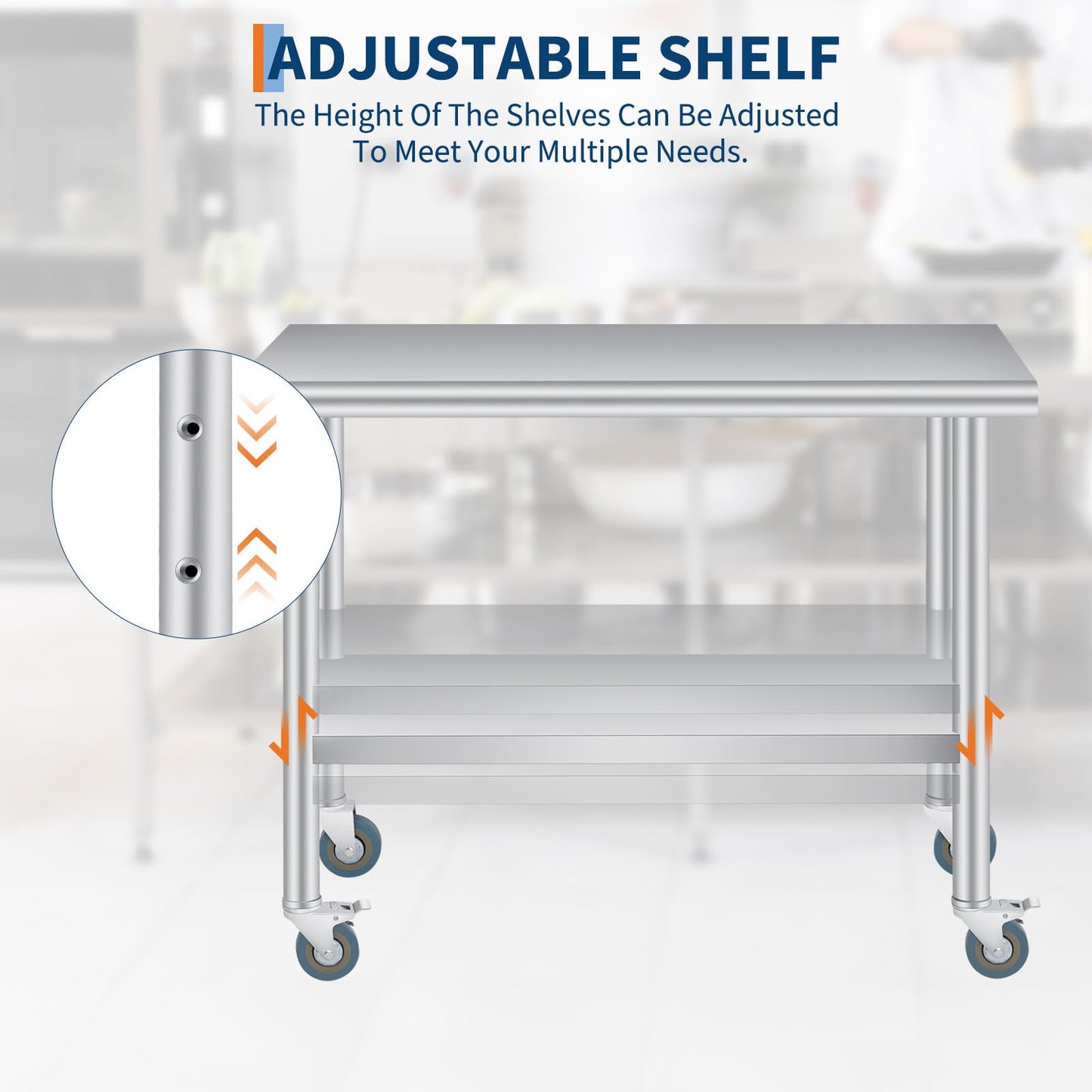  Stainless Steel Prep Table, 24 x 60 Inches Heavy Duty Commercial , with Rounded-Corner, Adjustable Undershelf and 4 Caster Wheels, Heavy Duty Work Table with Adjustable Under Shelf for Outdoor, Res