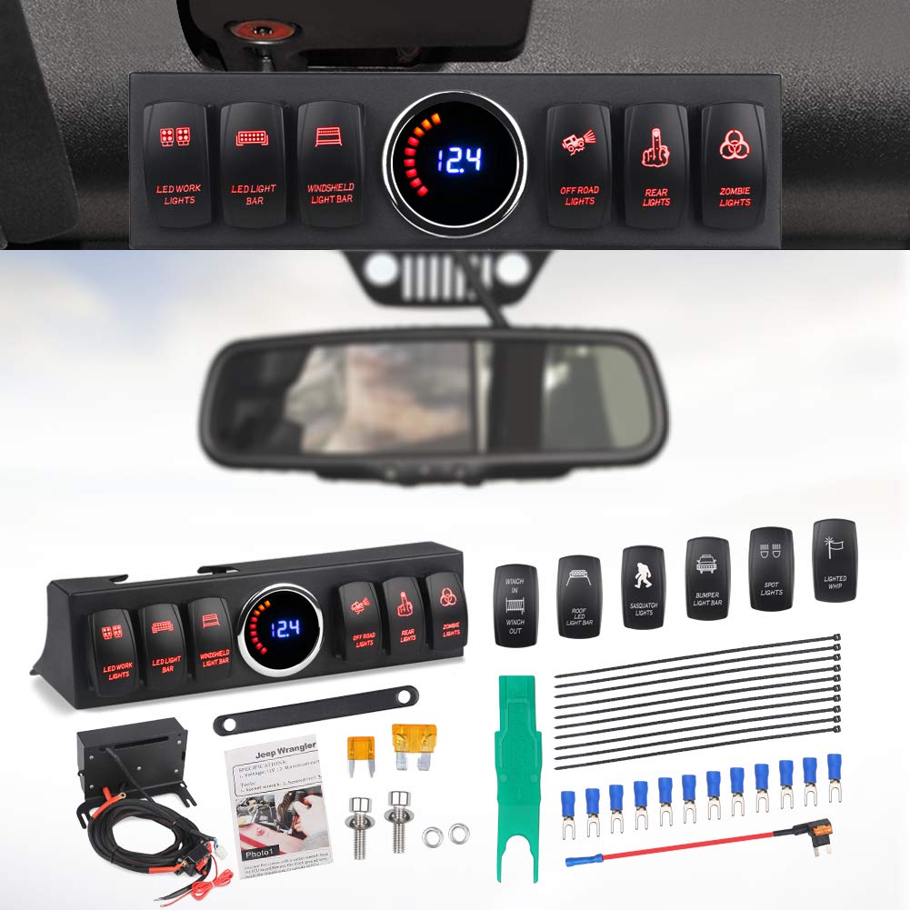 WATERWICH 6-Switch Pod Toggle Panel Overhead and Source Control System Box Wiring Harness Kit With 12 Covers & Clip Remover Compatible With Jeep Wrangle (Red)