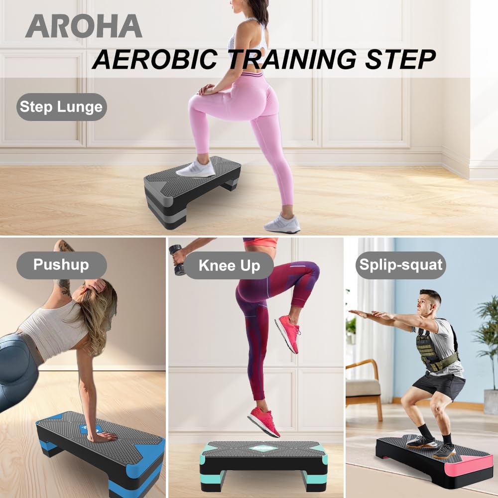 Aroha Heavy Duty Aerobic Step Platform, Non Slip Adjustable Height Exercise Step Trainer, Durable Home Gym Cardio Workout Equipment for Men Women Beginner to Professional (Gray)
