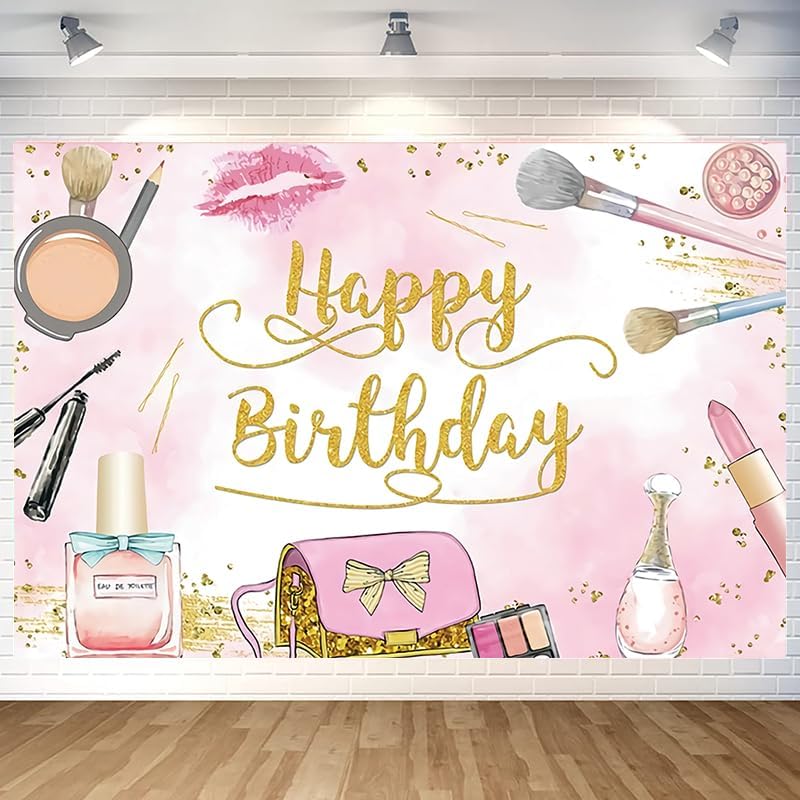 Generic 16th Makeup Spa Happy Birthday Backdrop for Girls Women Princess Pink Make Up Photography Background Sweet