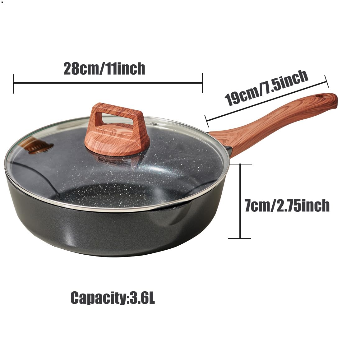 SC Cooker Frying Pans Nonstick With Lid, 11 Inches Granite Nonstick Frying Pan With Pour Spout, Last Longer Omelette Pan, Skillet With Lid, Non Toxic,Pb,Cd PFOA Free (Black, 11 inches)