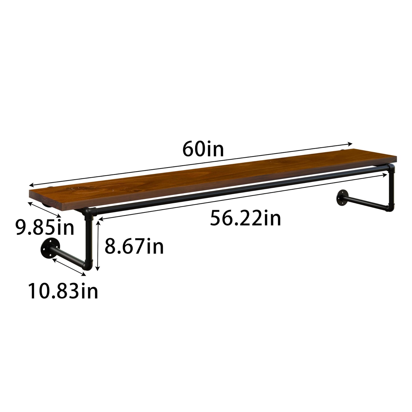 TEDIDUWA Clothes Rack 60in, Wall Mounted Garment Racks with Real Walnut Wood Shelf, Heavy Duty Hanging Clothes Rack, Multi-Purpose Hanging Rod, Space-Saving Closet Storage