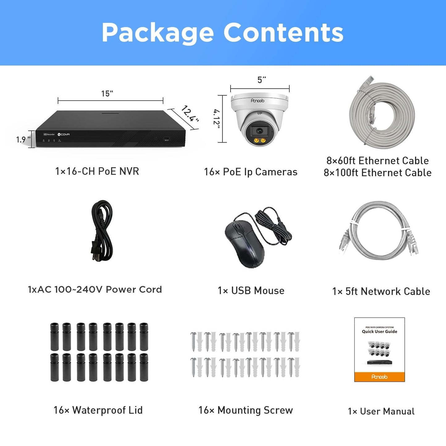 PANOOB 16 Channel Security Camera System 4K PoE, 16x 8MP Wired IP PoE Dome Camera, Spotlight Color Night Vision, Human Vehicle Detection,1-Way Audio Remote Access, 4K 16CH NVR 4TB HDD, PD93BA1616-8MD