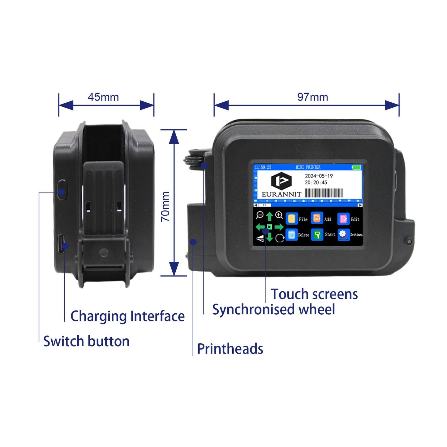 Eurannit XMINI Handheld Inkjet Printer, Portable Mini Inkjet Coding Machine 0.5 inch Nozzle with ER520 Fast Drying Ink Cartridge, for Text Date Barcode Batch Number Image Logo on Any Surface