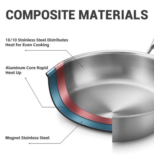 Kirecoo Tri-Ply Stainless Steel Pan - 12 Inch Frying Pan, Fast and Even Heat Stainless Steel Skillet, Induction Cookware, Dishwasher and Oven Safe Skillet