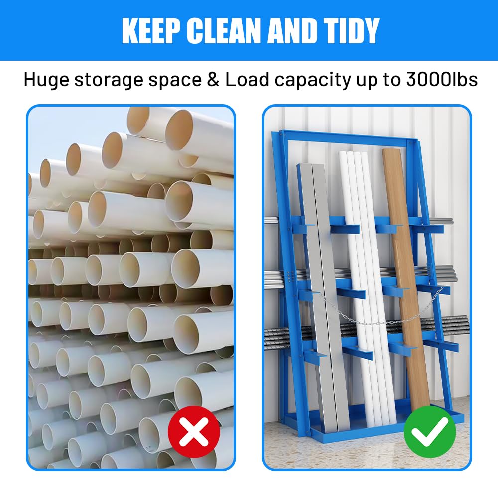 Yeeoy Vertical Bar Rack, 3000 LB Capacity, Heavy Duty Long Parts Storage Rack, Lumber Storage Rack with Safety Chain, Pipe Organizer Shelf for Garage Workshop Factory, Blue