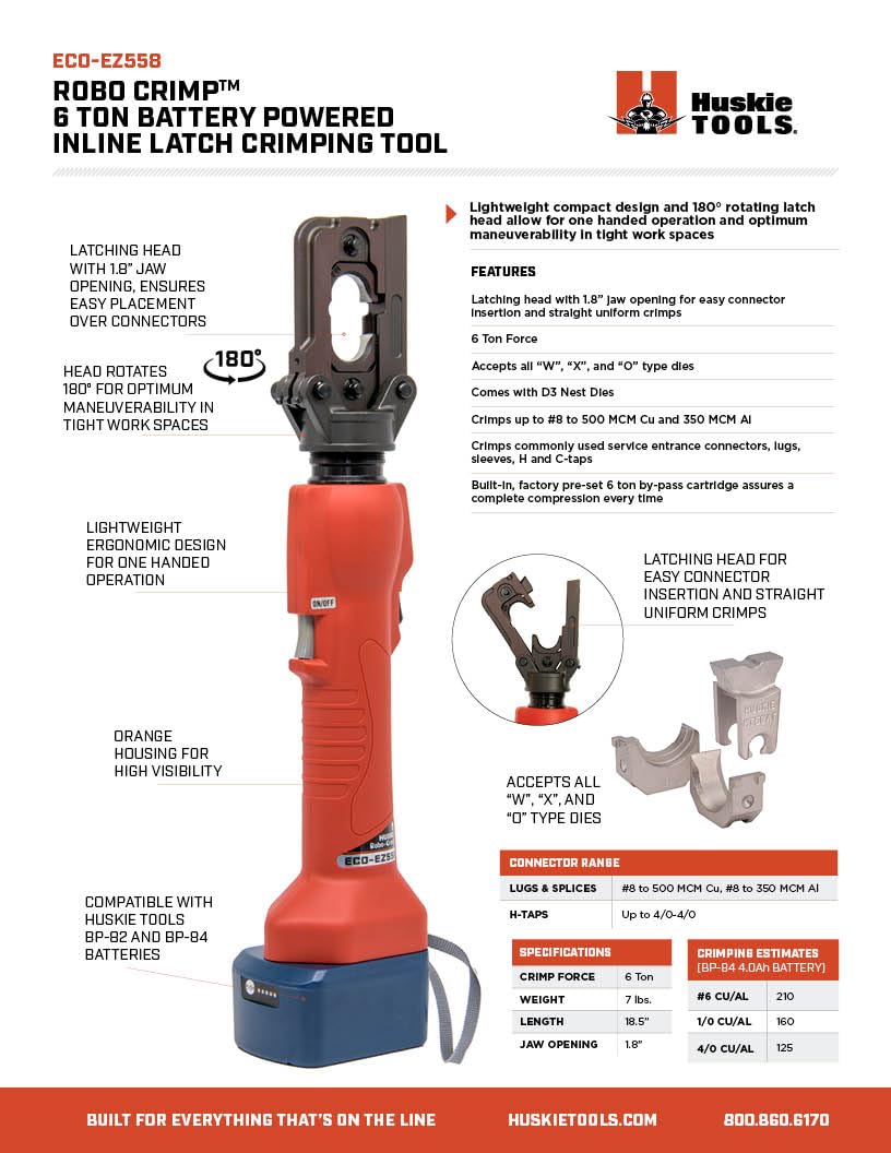 Huskie Tools Robo Crimp 6 Ton Battery Powered Inline Latch Crimper. Crimps up to #8 to 500 MCM Cu and 350 MCM Al (ECO-EZ558) Kit - Includes 1 tool, 2 batteries, 1 charger, 1 bag.