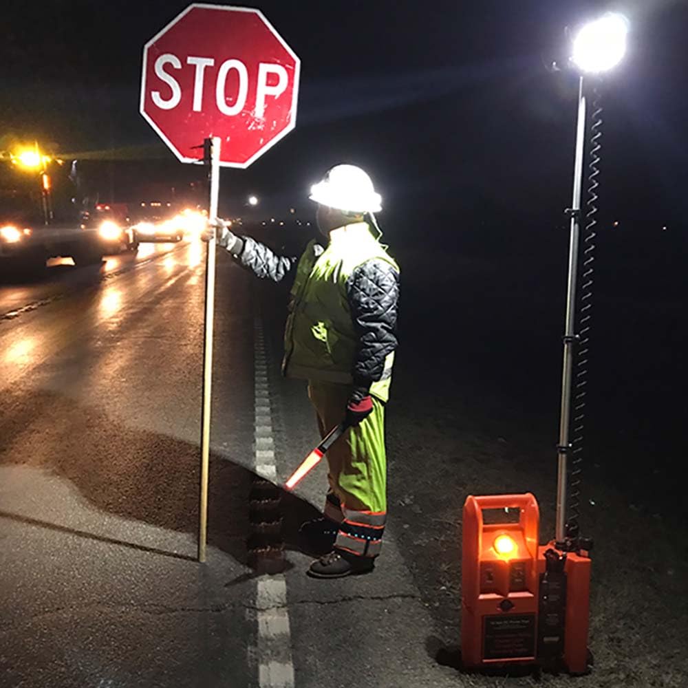 Plasticade Flagger Lighting Station & Work Area Light, 4,000 Lumens, Portable, Waterproof Case, Adjustable Heads, 8-Foot Light Elevation, Temporary Construction in Any Weather