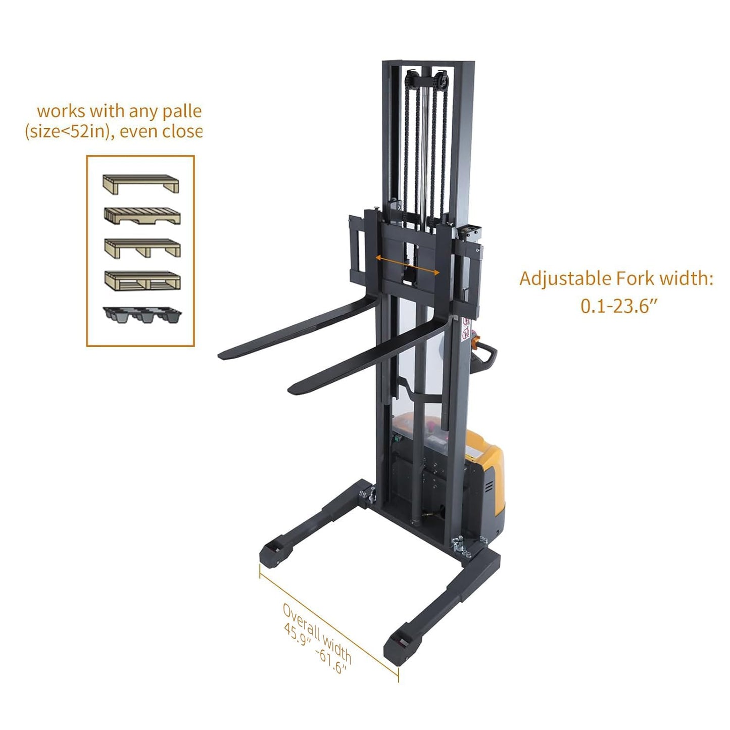 APOLLO Full Electric Stacker Powered Straddle Forklift 3300 lbs Capacity 98'' Lifting Height with Adjustable Forks and Legs Material Lifter