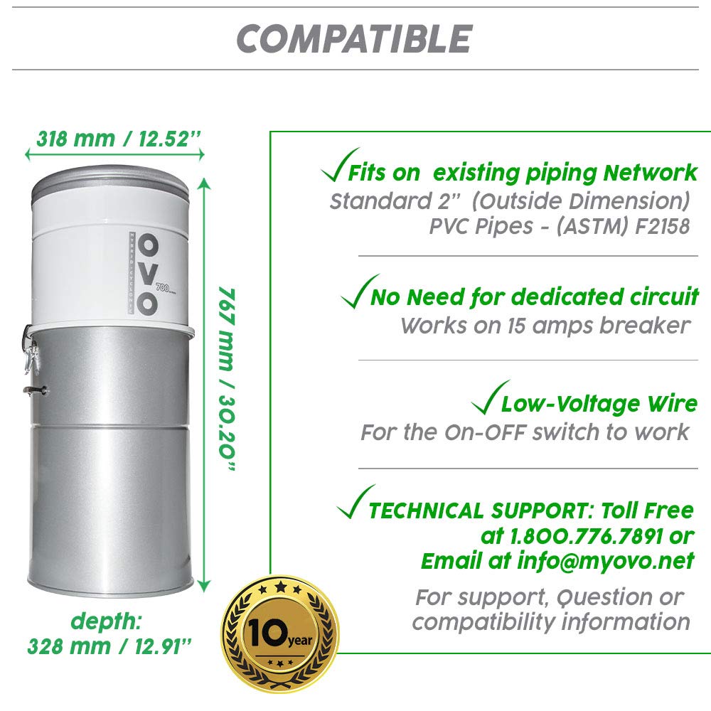 OVO 700 Airwatts Heavy Duty Powerful Central Vacuum System, Hybrid Filtration (with or Without Disposable Bags) 35L or 9.25Gal Bottom Load Dust Bin