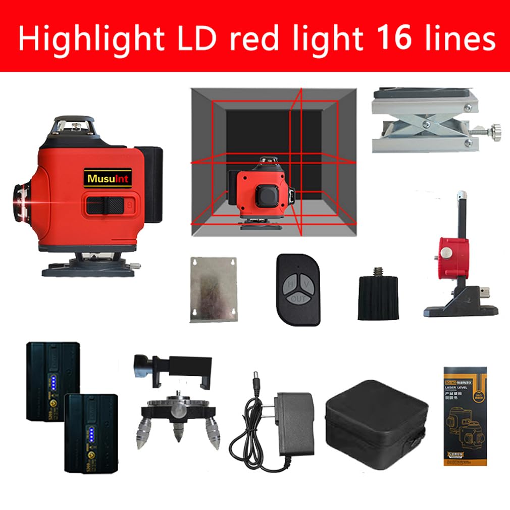 4D 16 lines laser level 4×360° self leveling Precision Cross Line level tool Two 360° Vertical and Horizontal Red beam with hand wave mode control Rotary laser level (4D 16 Red Lines)