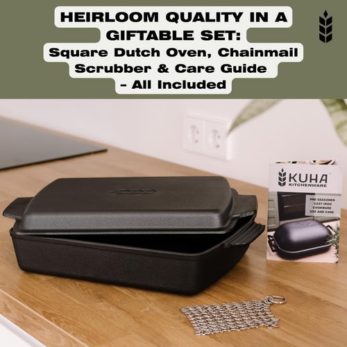 KUHA Square Cast Iron Dutch Oven 2-in-1 - Pre-Seasoned Cookware with Skillet Lid & Casserole Dish - 13" x 9", 6 QT