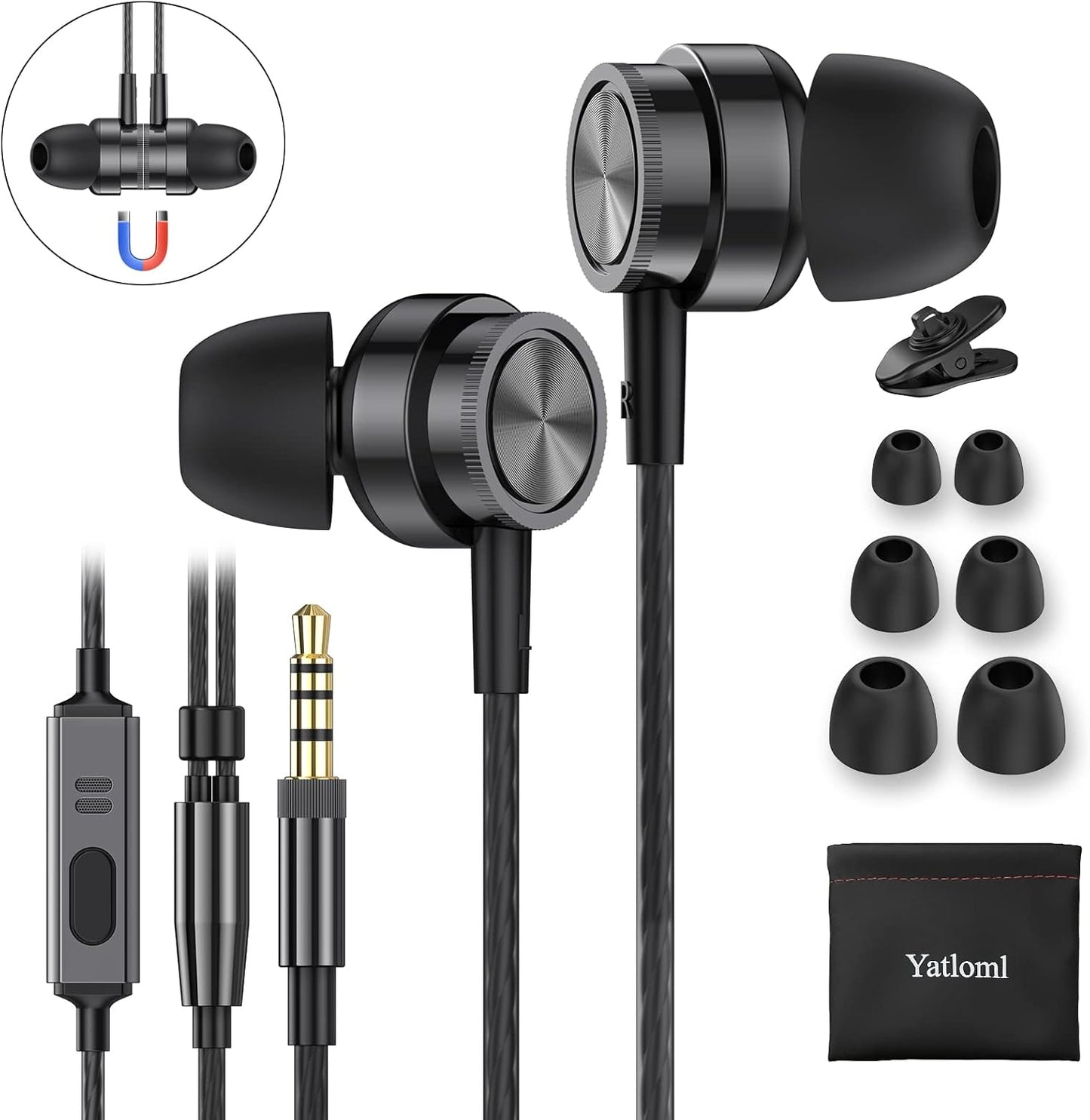Yatloml MP3 3.5mm Wired Earbuds with Microphone, in Ear Headphones Wired with Heavy Bass Noise Isolation Magnetic