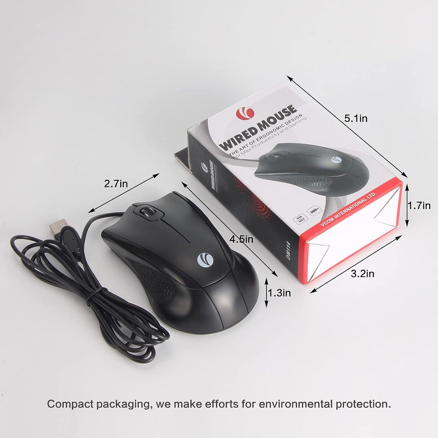 VCOM 6-Foot 1200 Wired USB Mouse with Cord, DPI, Right or Left Hand Use, Ergonomic Design, Black