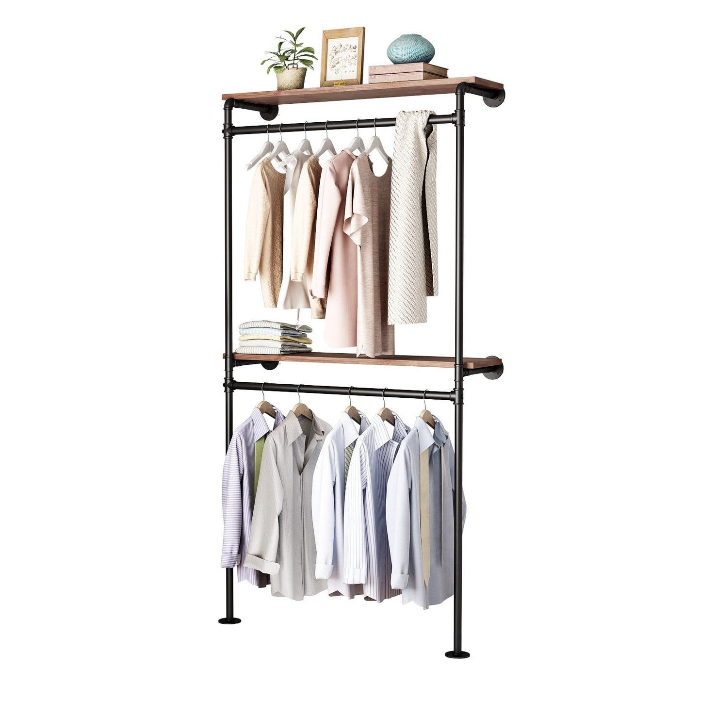DR.IRON Industrial Pipe Clothing Racks with 2 Tier Shelves, Wall Mounted Black Clothes Rack with Double Hanging Rods Heavy Duty Garment Storage Rack Display Racks Rod for Clothes,Laundry Room